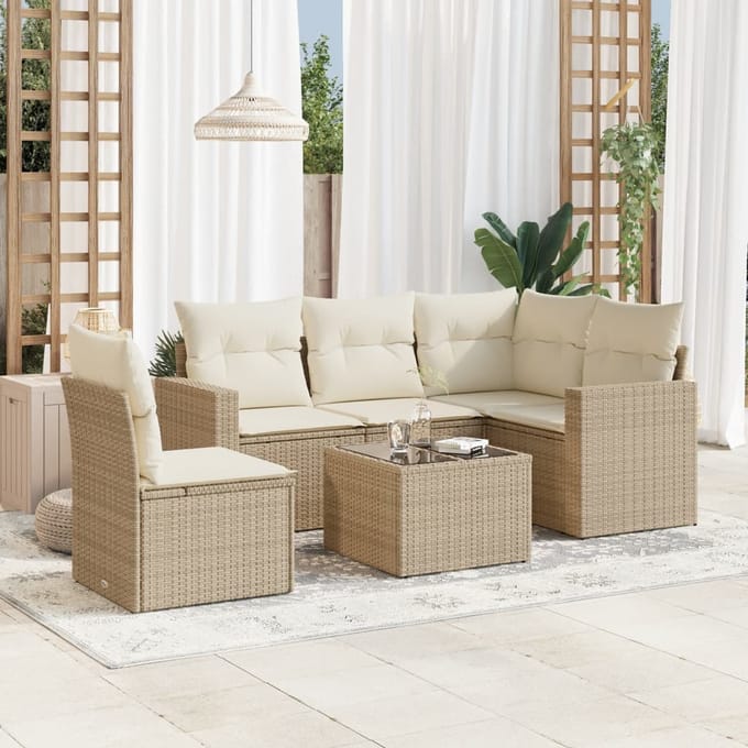 vidaXL - 6-delige - Loungeset - met - kussens - poly - rattan - beige