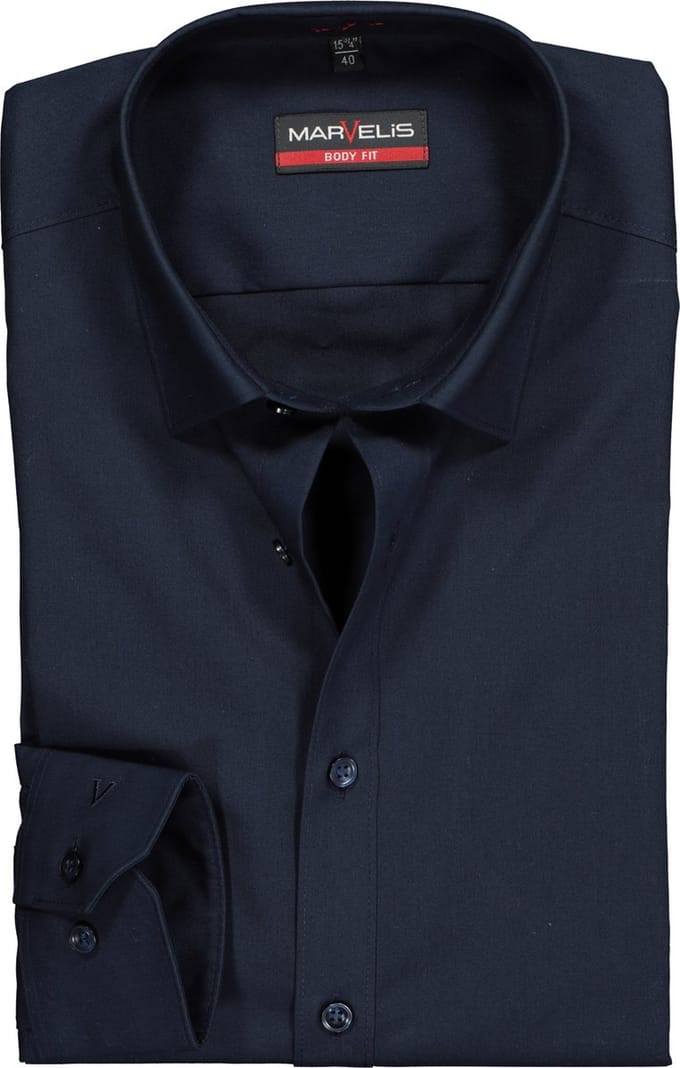 MARVELIS body fit overhemd - donkerblauw - Strijkvriendelijk - Boordmaat: 40