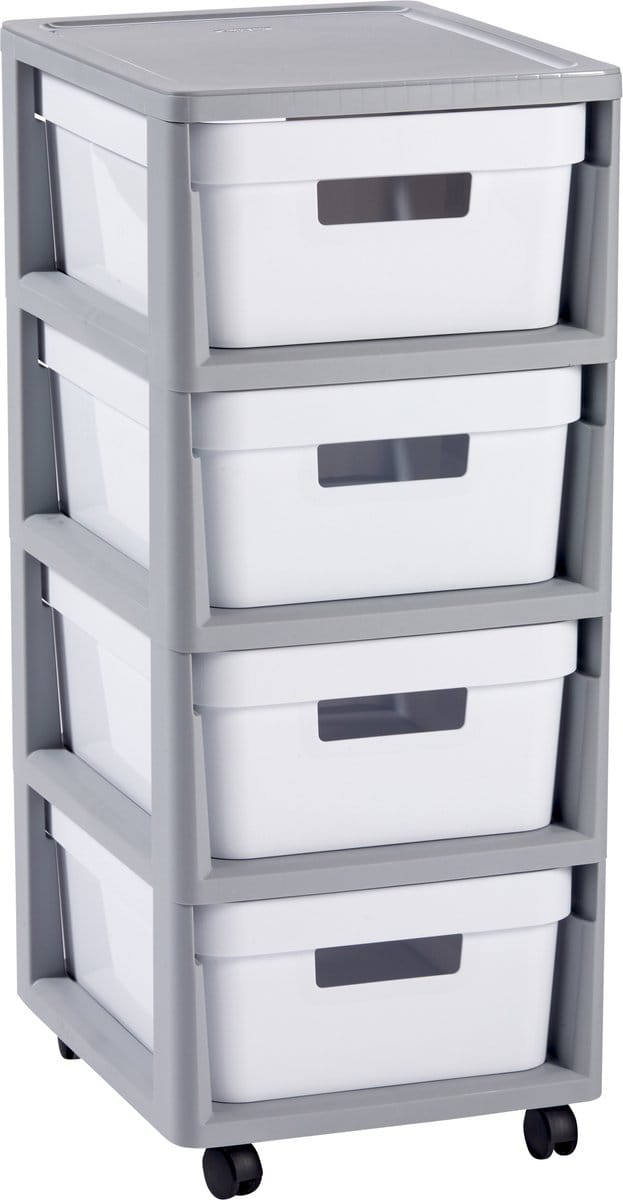 Curver Infinity Ladesysteem - 4 lades van 11L - met wieltjes - 36x30×66 cm - Wit