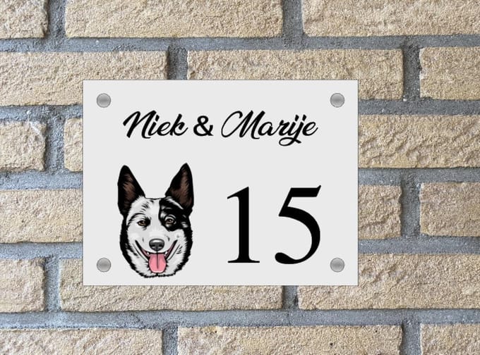 Naambordje / huisnummer voordeur hond Australian cattle dog wit