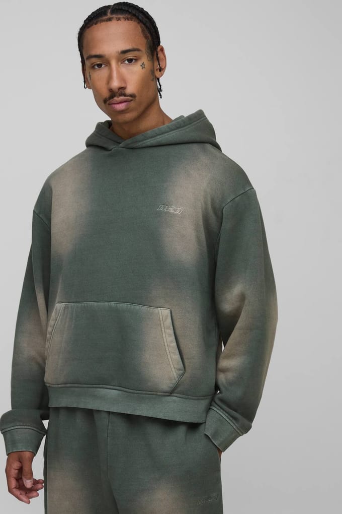 Oversized Boxy Spray Wash Men's Sport Geborduurde Hoodie | Olive | Size Medium