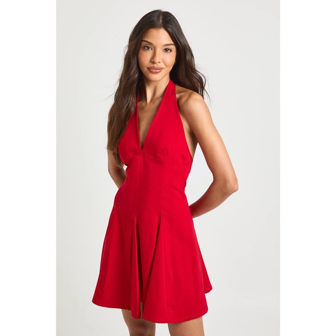 boohoo Dames Bengaline Halterneck Geplooide Skater Jurk | Rood | Maat: 44