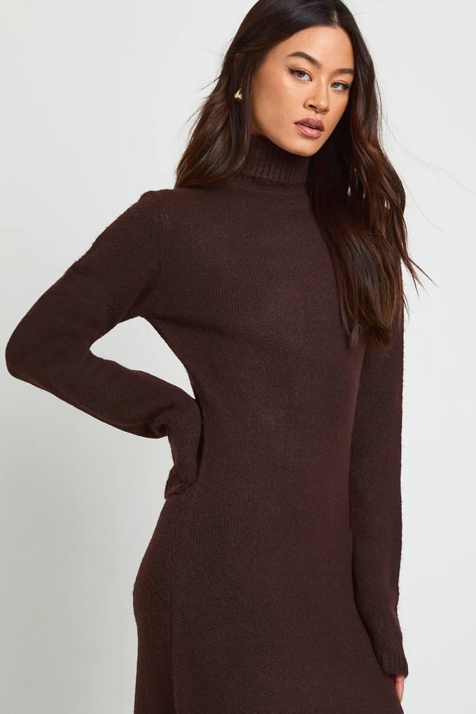 boohoo Dames Hoge rolhals superzachte gebreide maxi-jurk | Chocoladebruin | Maat: Small