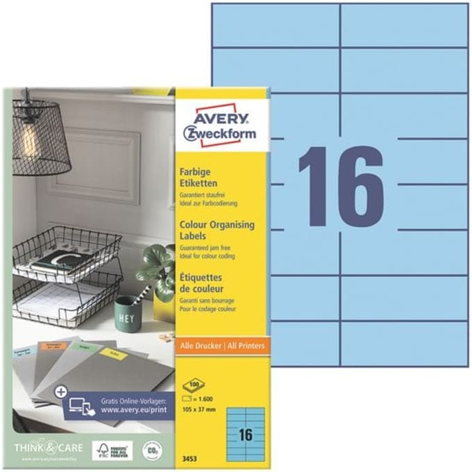 Etiket avery zweckform 3453 105x37mm blauw 1600stuks