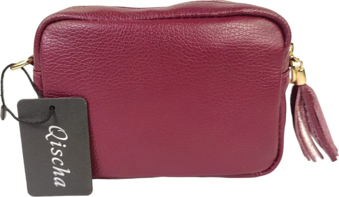 Qischa® - leder - Crossbody handtas - vak met rits - instelbare riem - pruim rood