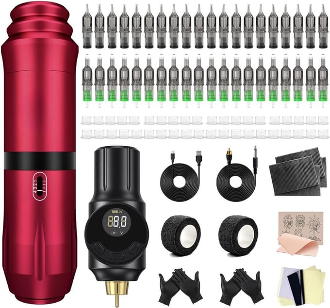 MRKK® Tattoo Machine met Accessoires - Tattoo kit Draadloos - Complete Set - Rood