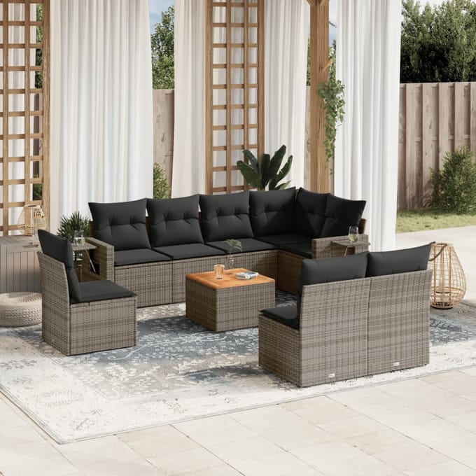 vidaXL - 9-delige - Loungeset - met - kussens - poly - rattan - grijs