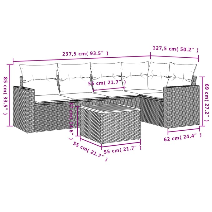 vidaXL - 6-delige - Loungeset - met - kussens - poly - rattan - beige