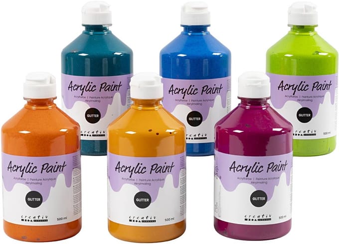 Acrylverf met glitters, diverse kleuren, 6x500 ml/ 1 doos