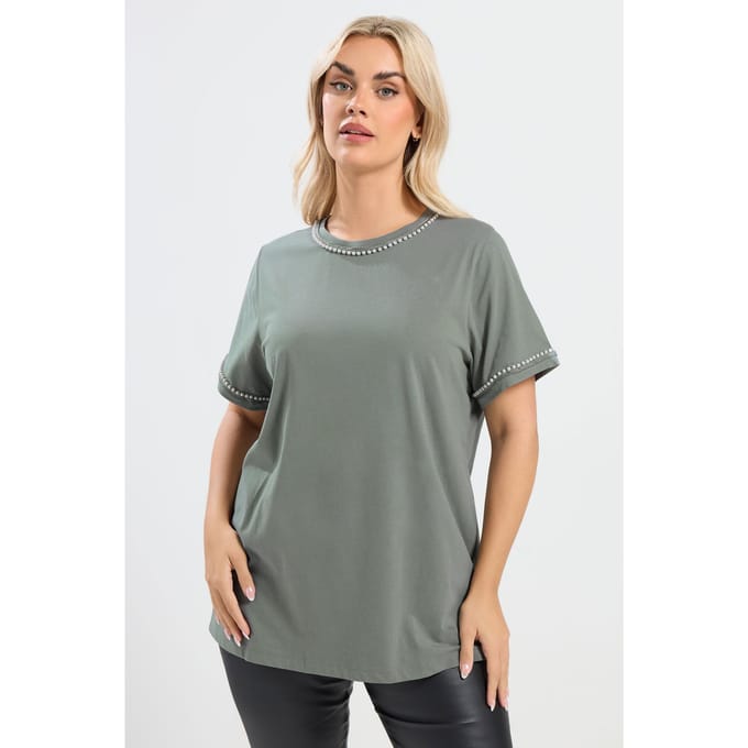 Yours Saliegroene Tshirt Met Parelrand Size 54-56
