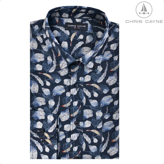 Chris Cayne overhemd lange mouw - M - navy/brique - print - borstzak