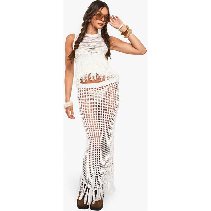 boohoo Dames Gehaakte rok met kwastjes | Cream | Maat: Medium