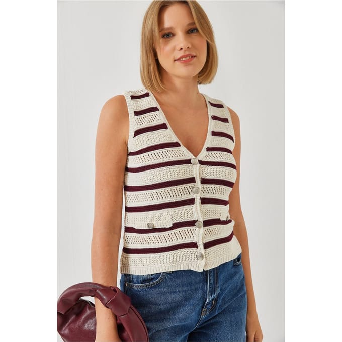 Streeppatroon V-hals Korte Vest met Knopensluiting