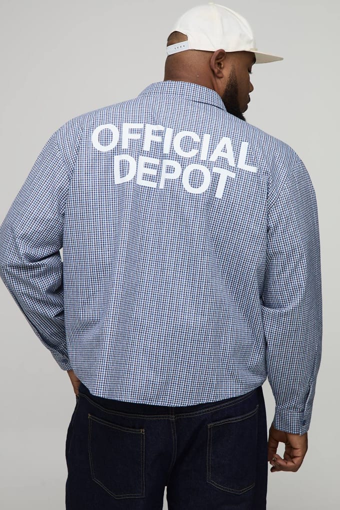 Plus Oversized Boxy Official Depot Print Micro Geruite Shirt | Blue | Size 2XL