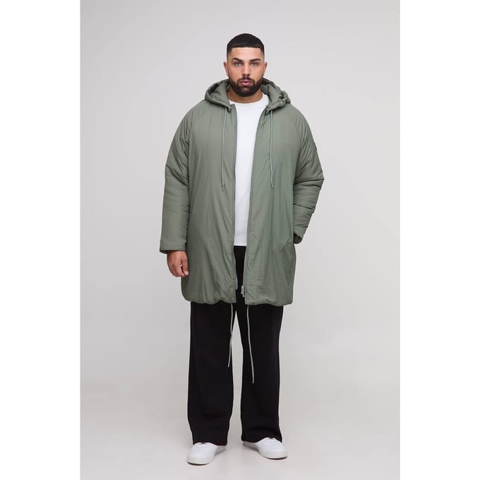 Plus Regular Fit Longline Hooded Zip Up Padded Parka Jacket | Khaki | Size 2XL