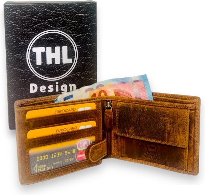 THL Design - Portemonnee Heren - Leren Billfold - Geschenkdoos - Mannen Cadeautjes - Vintage Leer Bruin
