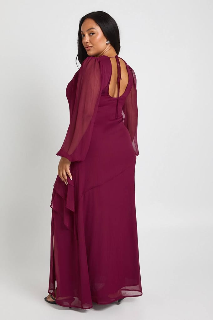 boohoo Dames Plus chiffon maxi-jurk met ruches | Bordeaux Rood | Maat: 44