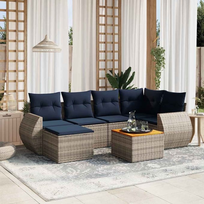 vidaXL - 7-delige - tuinbankset - met - kussens, - grijs - polyrotan