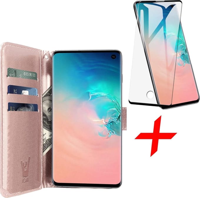 Hoesje geschikt voor Samsung Galaxy S10 - Screen Protector FullGuard - Book Case Kunstleer Pasjeshouder Rosegoud & Screenprotector