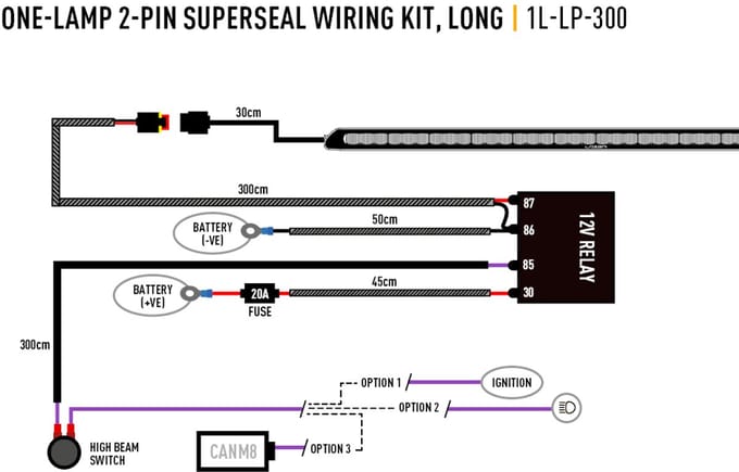 Kabelset - Lazer - 1 lamp - Extra lang - Incl. schakelaar - 2 pins - Superseal - 12V
