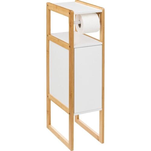 5Five Wc/toiletrolhouder met kastje - wit - bamboe hout - staand - 33 x 20 x 80 cm