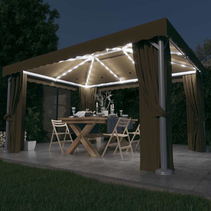 vidaXL - Prieel - met - gordijn - en - LED-lichtslinger - 4x3 - m - taupe
