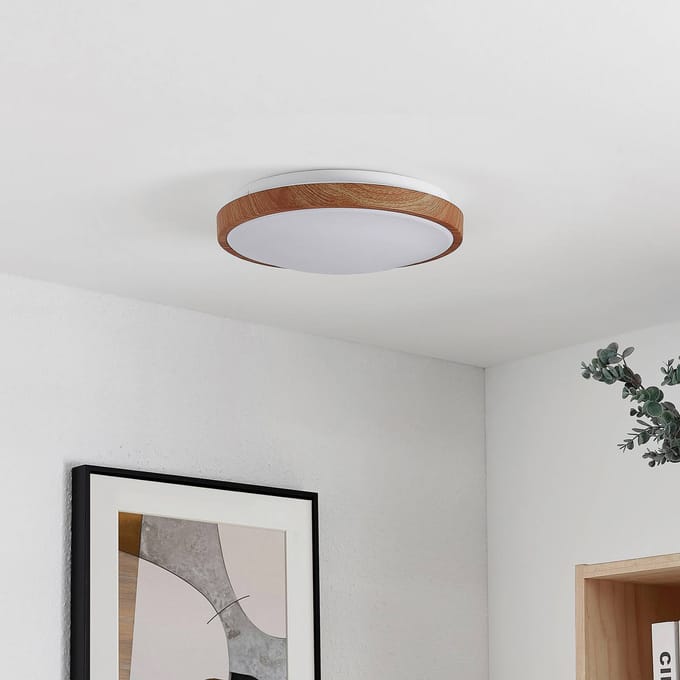 Lindby LED plafondlamp Mynte, Ø30cm, houtlook, kunststof