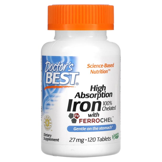 Doctor's Best, supplément de fer hautement absorbable, avec Ferrochel, 27 mg, 120 comprimés