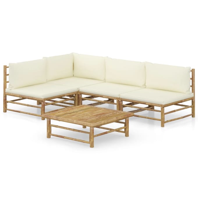 vidaXL - 5-delige - Loungeset - met - crèmewitte - kussens - bamboe