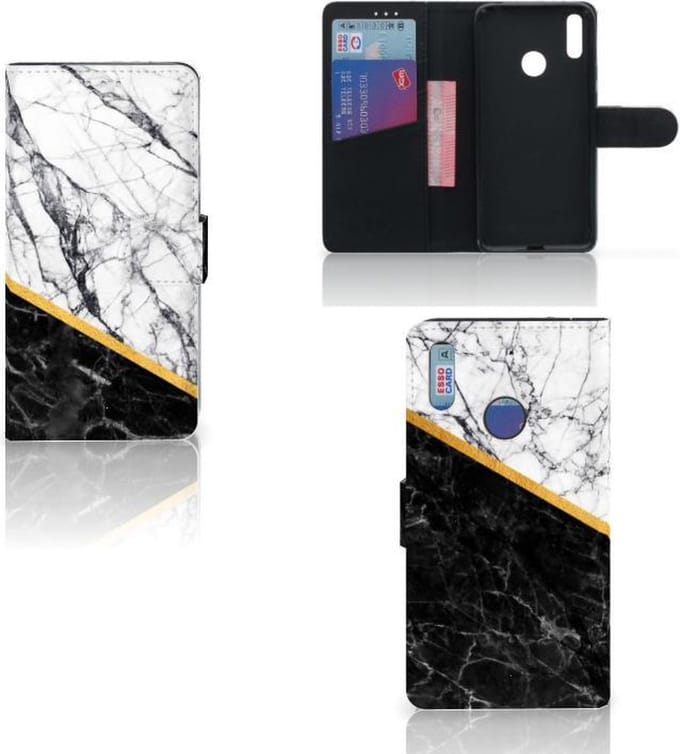 Huawei Y7 (2019) Bookcase Marmer Wit Zwart - Origineel Cadeau Man