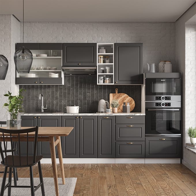 Vicco Fame-Line Complete keukeneenheid – 280 cm, WB Marmer Antraciet-Goud/Wit