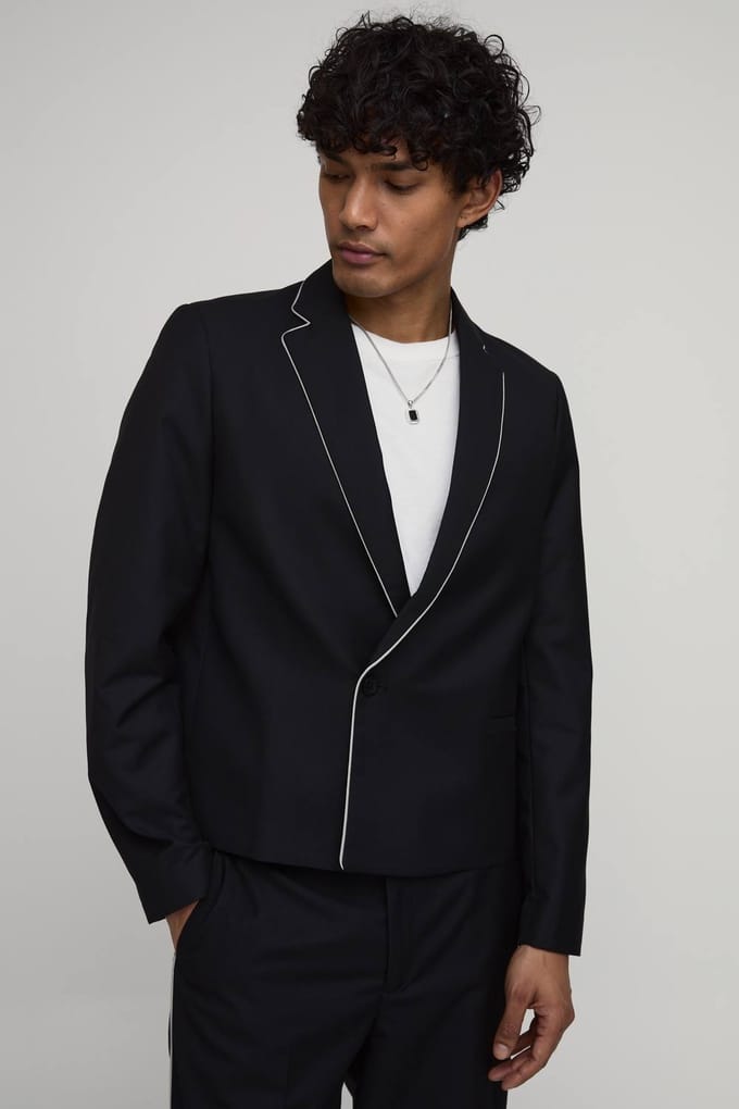 Contrast Piping Trim Cropped Boxy Blazer | Black | Size 52
