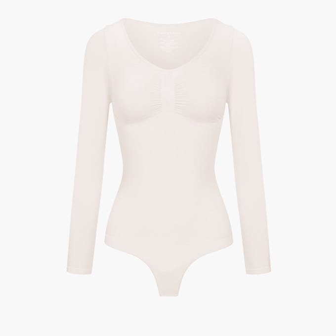 cfab - Bodysuit met corrigerende werking, lange mouwen en strikjes - Sand-S