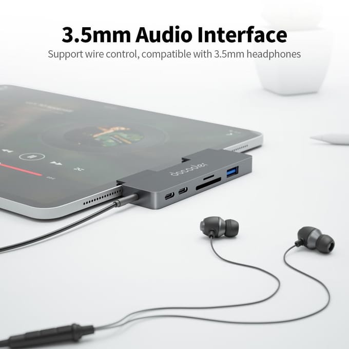 docooler 7-in-1 Type-C Hub met USB3.0 Audiopoort TF SD-kaartsleuven Compatibel met iPad Pro grijs