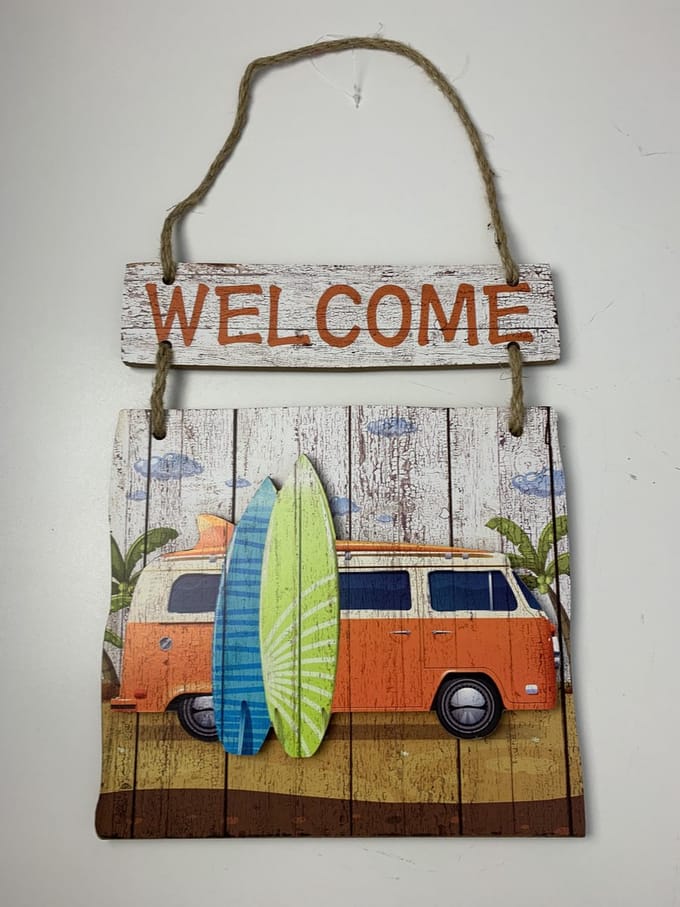 Tuinbord "Welcome" met retro bus oranje