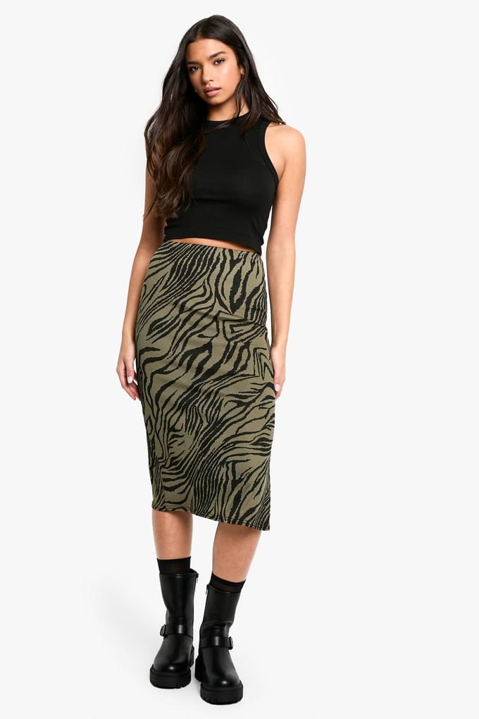 boohoo Dames Zebraprint geribde midi-rok met split aan de zijkant | Khaki | Maat: 6