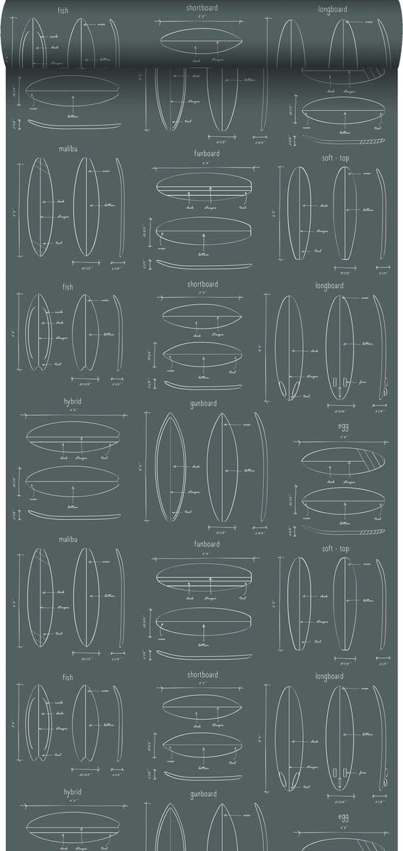 ESTAhome behang technische tekeningen van surfplanken vergrijsd groen - 53 cm x 10.05 m - 128870