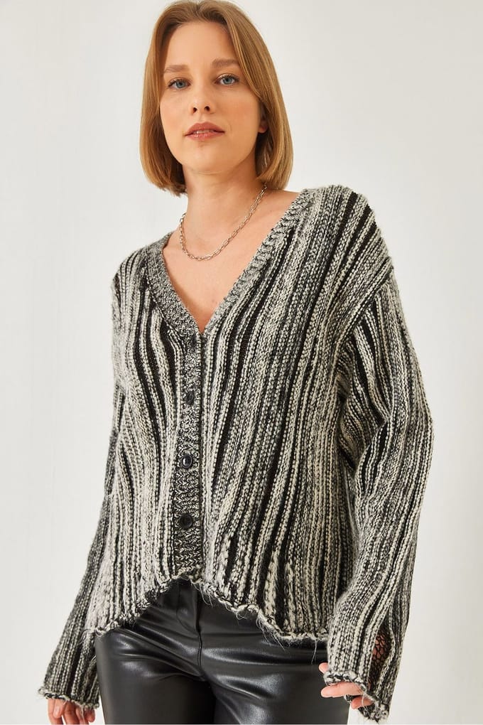 Gestreepte Geribde Brei Cardigan met V-hals