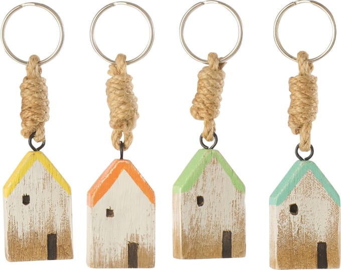J-Line sleutelhanger Huis Deur - hout - mix - 4 stuks