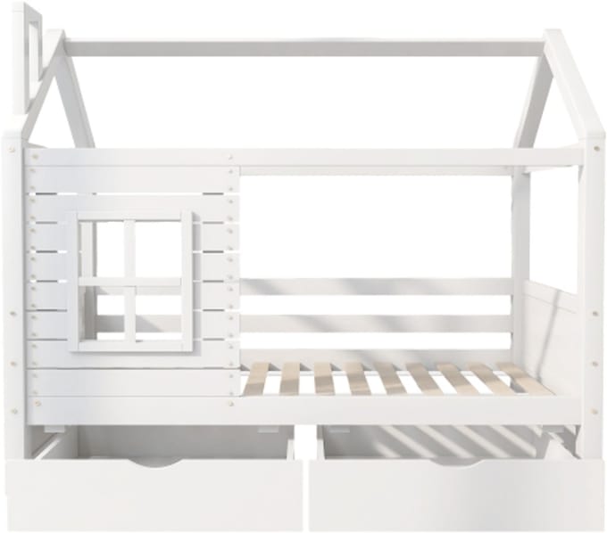 Gotagee Huisbed kinderbed jeugdbed 90x200 cm met valbeveiliging raam en lattenbodem, wit