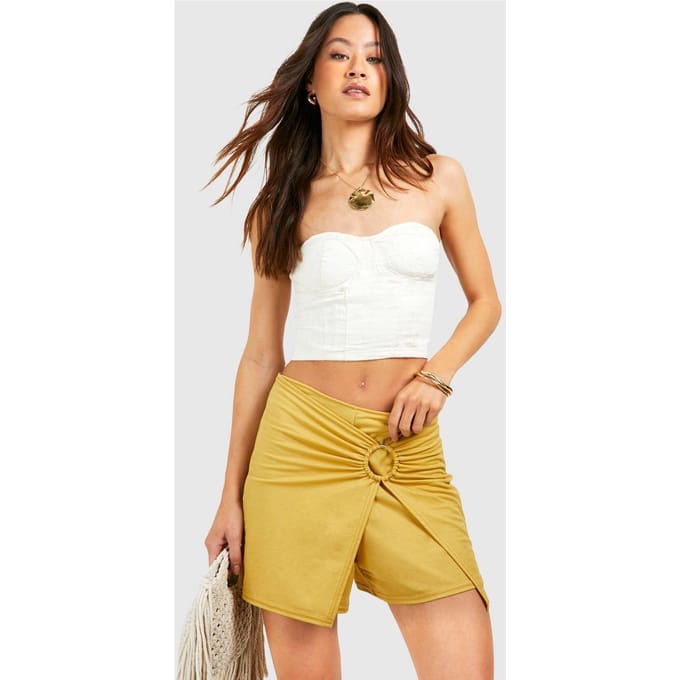 boohoo Dames Tall Linen Look O Ring Skort | Mosterd | Maat: 36