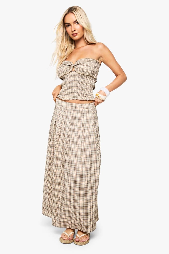 boohoo Dames Gecheckte geplooide midi-rok met split | Beige | Maat: 12