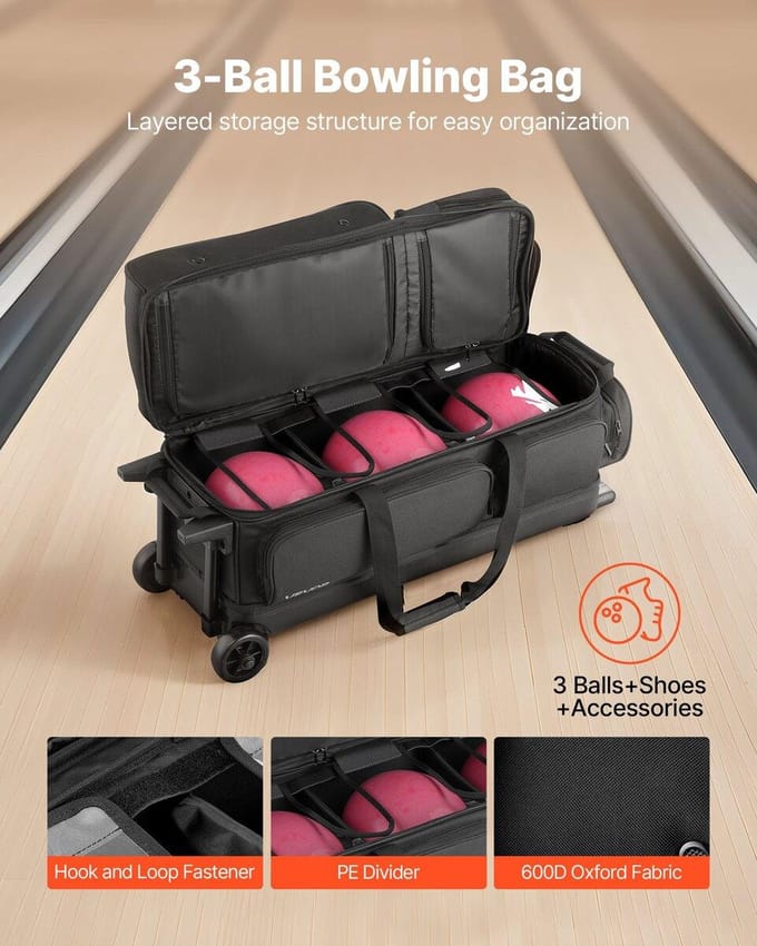 Sac de Bowling 3 Boules avec Roues Double Rouleur Sac de Bowling Compartiment à Chaussures