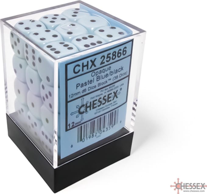 Chessex Opaque Pastel Blue/black D6 12mm Dobbelsteen Set (36 stuks)