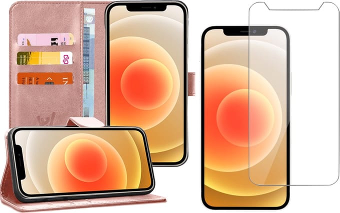 Hoesje geschikt voor iPhone 12 Pro Max - Screen Protector GlassGuard - Book Case Kunstleer Pasjeshouder Rosegoud & Screenprotector