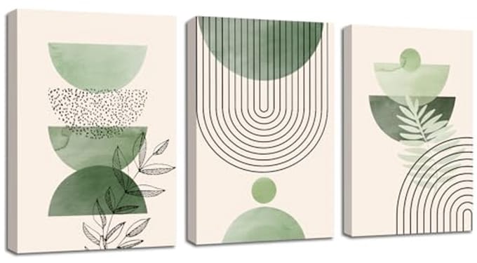 Moderne groene planten canvas wanddecoratie - 3 panelen Boho stijl