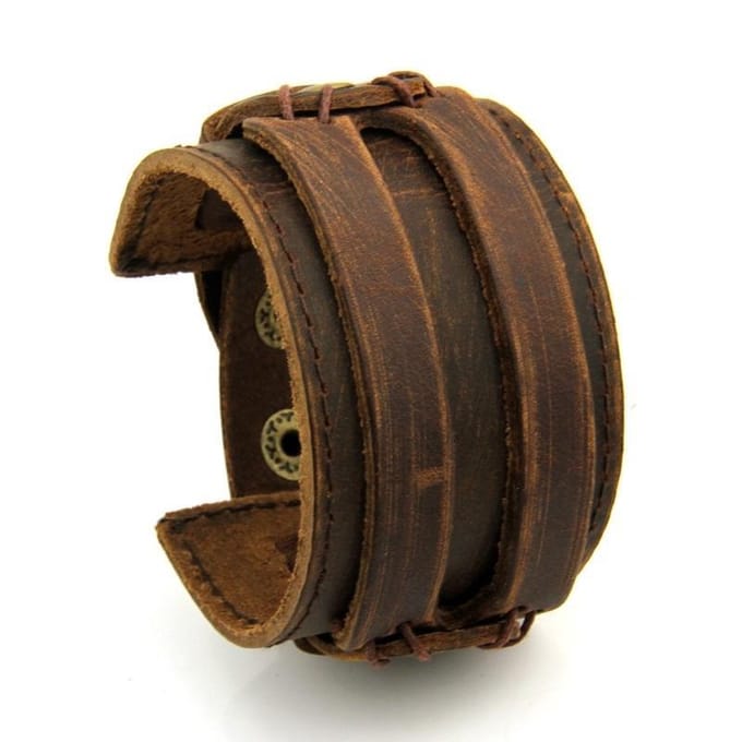 Brede Leren Armband – Scratch Brown - Twee Riemen