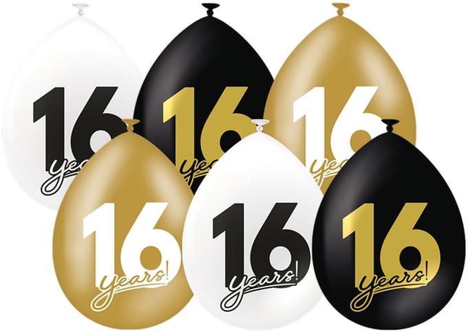 Ballonnen | 16 jaar | Collectie: Celebration! | Zwart, Goud & Wit | 6 stuks