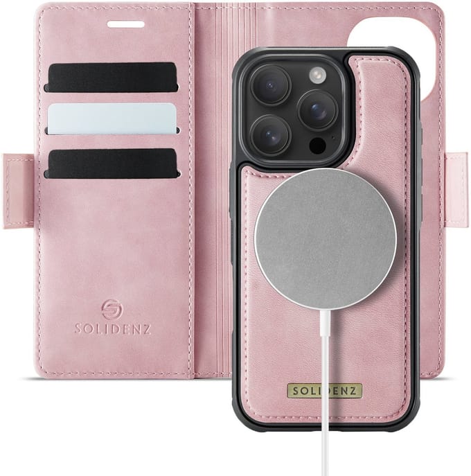 Solidenz geschikt voor iPhone 15 Pro Max hoesje - Luxe Wallet met MagSafe - Afneembare Backcover - Roze