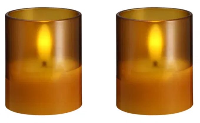 Moods & More Hurricane LED Glaskaarsen Honey Mustard – 2 stuks – Ø 4,7 × 5,7 cm